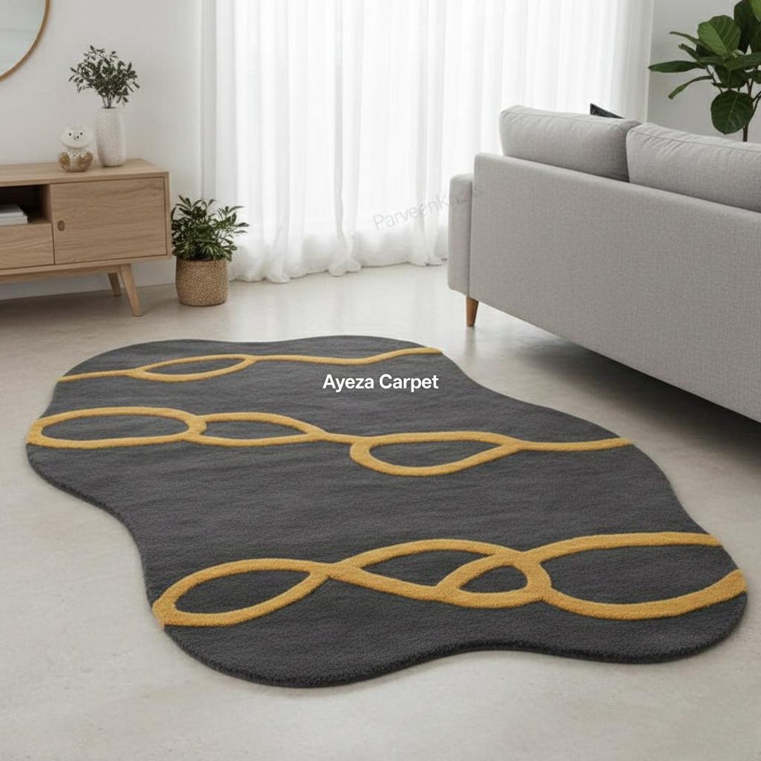 Handmade Abstract Tufted Rug | Grey & Mustard Loop Design - Etsy
