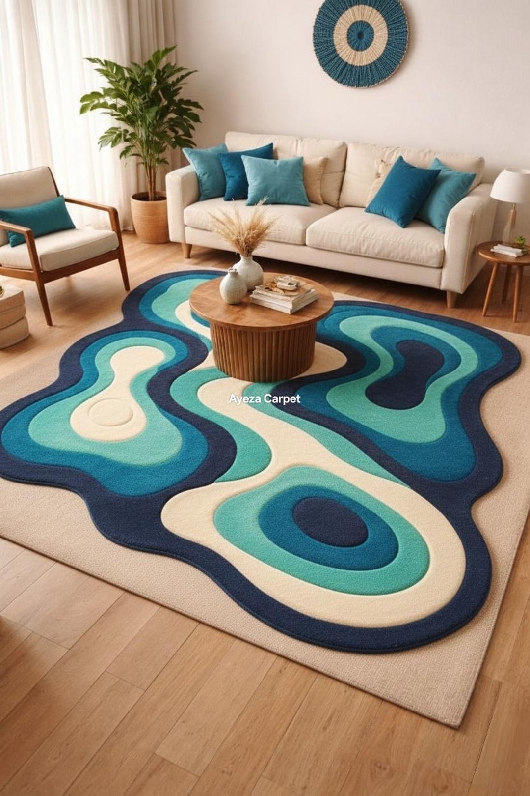 Abstract Teal Wave Tufted Rug – Modern Ocean Flow Carpet for Living ...