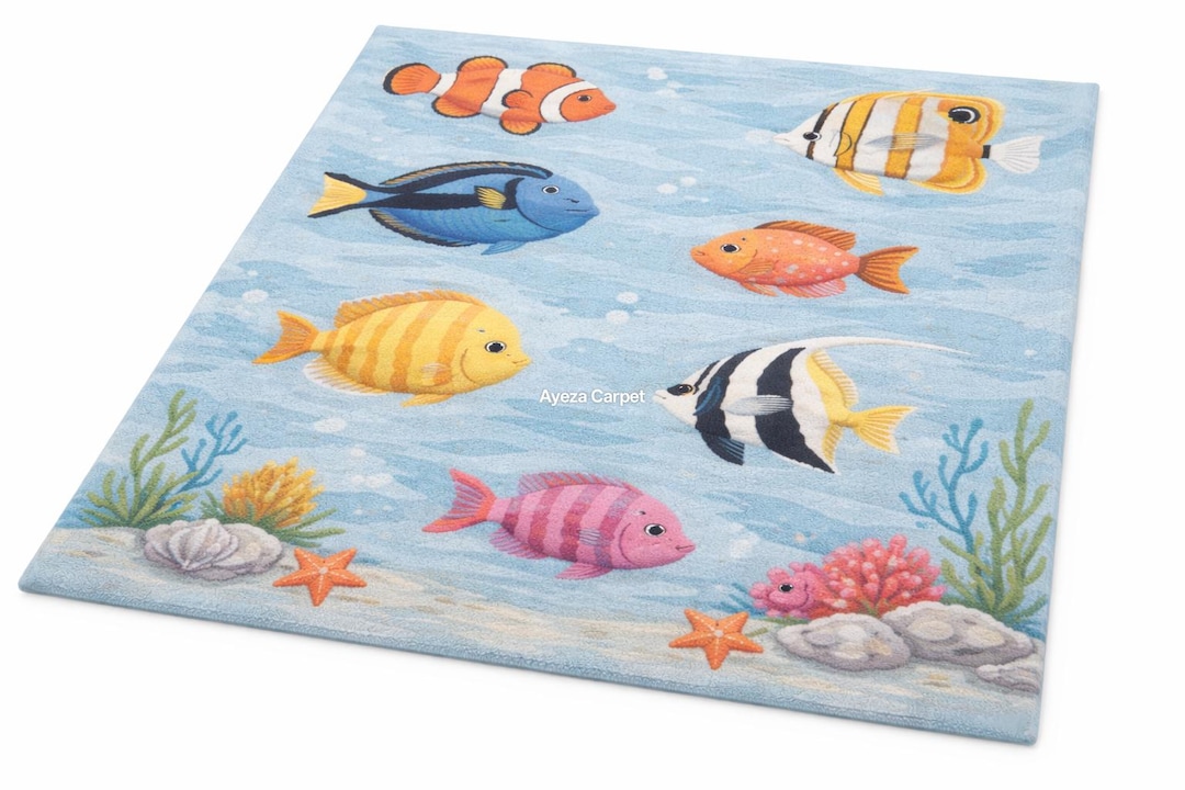 Kids Ocean Theme Hand Tufted Rug – Colorful Fish Abstract Carpet for ...