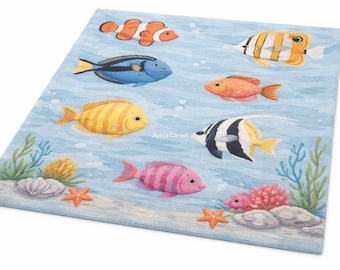 Kids Ocean Theme Hand Tufted Rug – Colorful Fish Abstract Carpet for Kids Room & Nursery