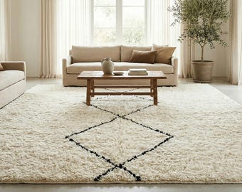 Neutral Moroccan Diamond Rug, Cream Shag Area Rug, Modern Living Room Carpet, Soft Plush Minimalist Rug, Boho Home Decor