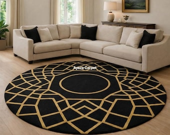 Tapete redondo abstrato de luxo em preto e dourado | Tapete geométrico moderno tufado à mão para sala de estar