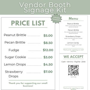 Puede incluir: Un kit de señalización para el puesto de un vendedor con una lista de precios y un menú. La lista de precios incluye artículos como maní crujiente, nuez pecana crujiente, fudge, galletas de azúcar, gotas de limón y gotas de fresa. El menú describe los artículos.