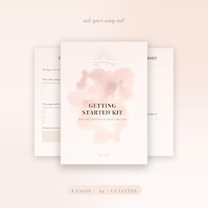 Könnte beinhalten: Ein Getting Started Kit Dokumentenset mit 8 Seiten in A4 und US Letter Formaten. Das Deckblatt zeigt einen zarten rosa Aquarellfleck, eine sonnenstrahlenartige Liniengrafik und den Text Getting Started Kit for the things you keep circling.