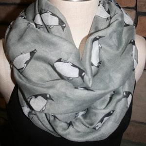 Penguin Infinity Scarf-Arctic Penguin Grey Circle Loop Scarf  Chunky Infinity Scarf-Womens Accessory-Cute Seasonal Scarf