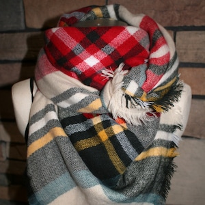 Plaid Tartan Blanket Scarf White Yellow Red Plaid Scarf Christams Scarves Zara Style Plaid Blogger Favorite-Womens Accessories-Blanket Scarf