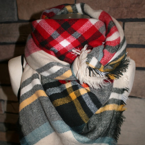 Plaid Tartan Blanket Scarf White Yellow Red Plaid Scarf Christams Scarves Zara Style Plaid Blogger Favorite-Womens Accessories