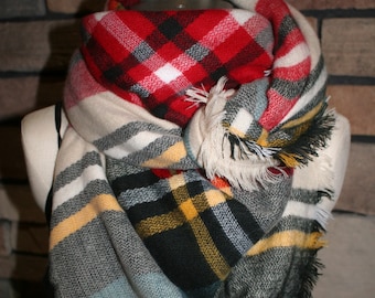 Plaid Tartan Blanket Scarf White Yellow Red Plaid Scarf Christams Scarves Zara Style Plaid Blogger Favorite-Womens Accessories-Blanket Scarf