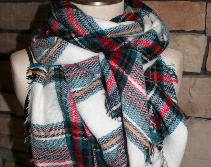 Plaid Tartan Blanket Scarf White Teal Red Plaid Scarf Christams Scarves