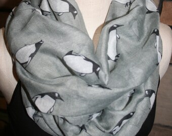 Penguin Infinity Scarf-Arctic Penguin Grey Circle Loop Scarf  Chunky Infinity Scarf-Womens Accessory-Cute Seasonal Scarf