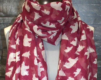 Bear Print Fashion Scarf-Maroon Scarf-Long Bear in Woods Scarf - Bear Hunting Scarf-Women's Accessories-Fashion Scarf