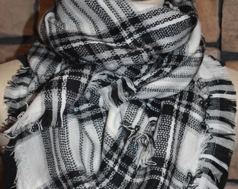 Child Size Plaid Tartan Blanket Scarf Black and White Plaid Scarf Gift Scarves Zara Style Plaid Blogger-39" x 39"-Monogram Avail