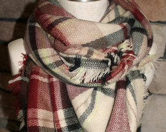 Plaid Tartan Blanket Scarf Maroon and Cream Plaid Scarf Christams Gift Scarves Zara Style Plaid Bloggers Favorite-Bridesmaid Gift