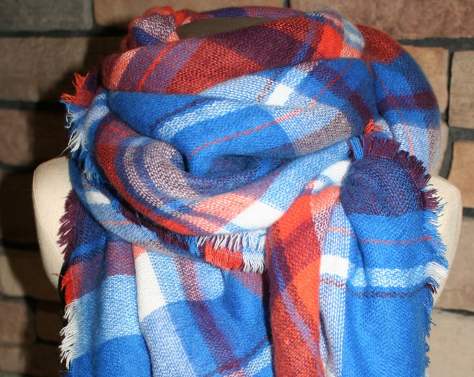 Plaid Tartan Blanket Scarf Royal Blue and Orange Plaid Scarf Etsy