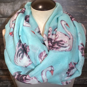 Swan Print Infinity Scarf-Aqua Scarf-Chunky Infinity Scarf -Swan Love Bird Loop Scarf-Woman&#39;s Accessories-Fashion Scarf