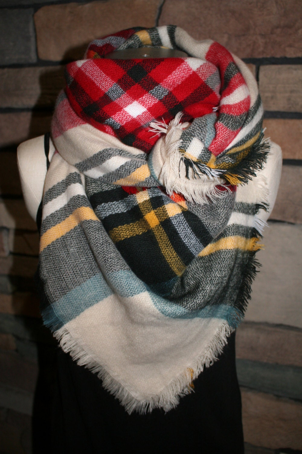 Plaid Tartan Blanket Scarf White Yellow Red Plaid Scarf Christams