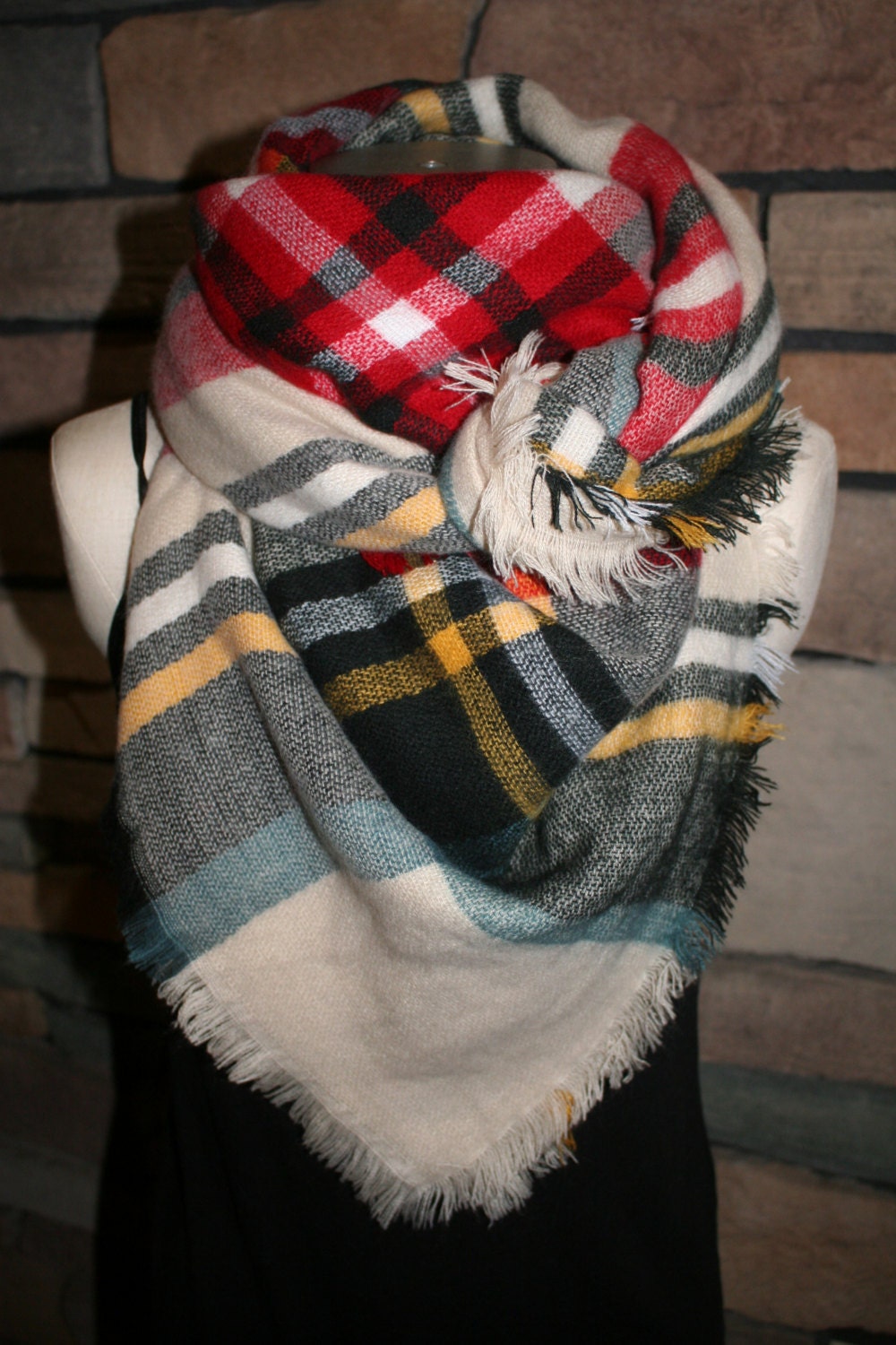 Plaid Tartan Blanket Scarf White Yellow Red Plaid Scarf | Etsy