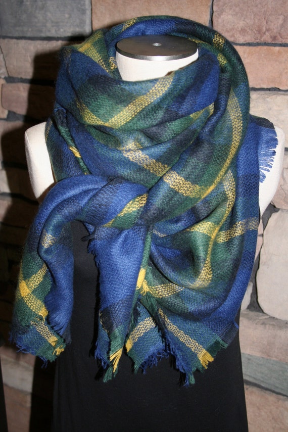 Plaid Tartan Blanket Scarf Royal Blue Yellow Plaid Scarf Etsy