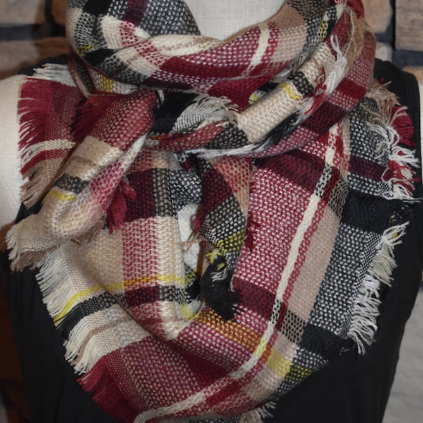 Child Size Maroon and Cream Plaid Tartan Blanket Scarf  Plaid Scarf Christmas Gift Scarves Plaid 2017 Blanket Scarf Favorite-Accessories