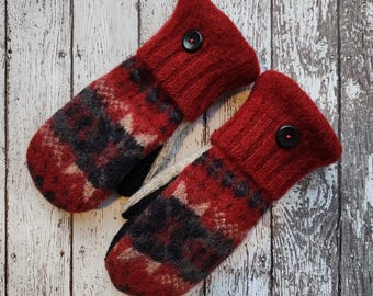 Manoplas de lana reciclada Manoplas de lana hechas a mano Forro polar hecho a partir de suéteres reciclados Lana Fairisle - Accesorios rojos y negros Regalo