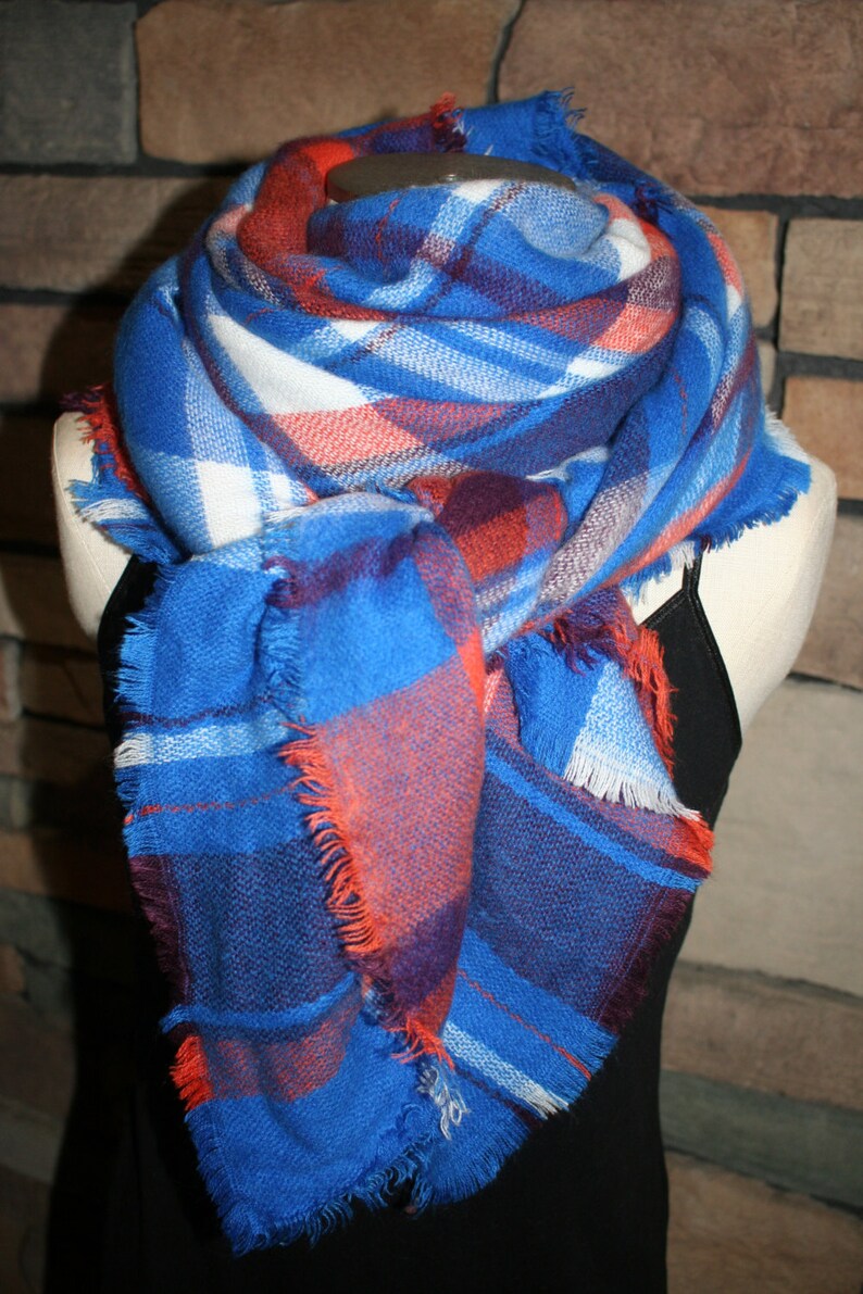 Plaid Tartan Blanket Scarf Royal Blue and Orange Plaid Scarf Etsy