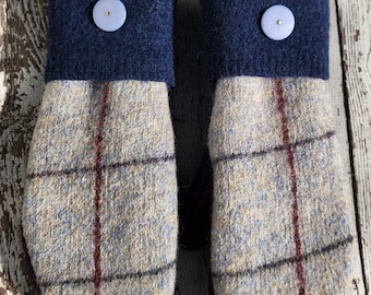 Mitones de lana reciclada Mitones de lana hechos a mano Forro polar hecho de suéteres reciclados Lana a cuadros gris - Accesorios Relleno de media