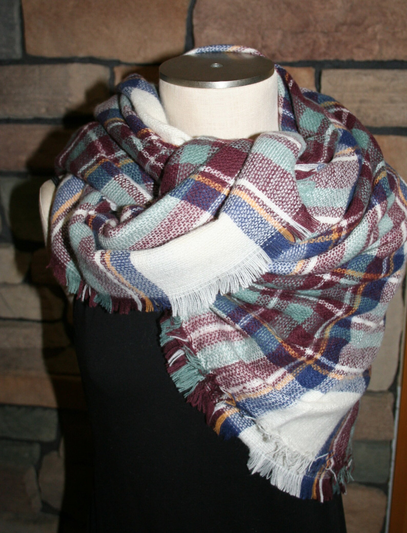 Plaid Tartan Blanket Scarf Maroon Blue Plaid Scarf Christams | Etsy