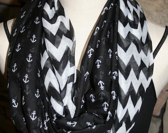 Nautical Anchor Chevron Black Infinity Scarf Polyester Circle Loop Scarf Infinity Scarf Chunky Cowl Ship Anchor-Womens Accessories