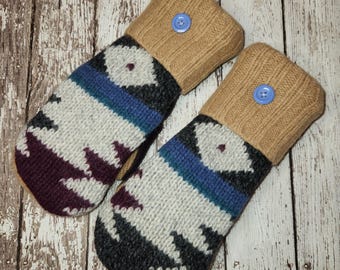 Mitones de lana reciclada Mitones de lana hechos a mano Forro polar hecho a partir de suéteres reciclados Accesorios de lana con estampado azteca Medias de relleno