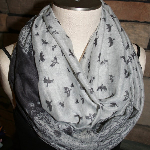 Gray Bird Infinity Fashion Scarf Bird on Tree Branch Print Scarf Fashion Flying Bird Print Scarf in Grey-Womens Accessories-Summer