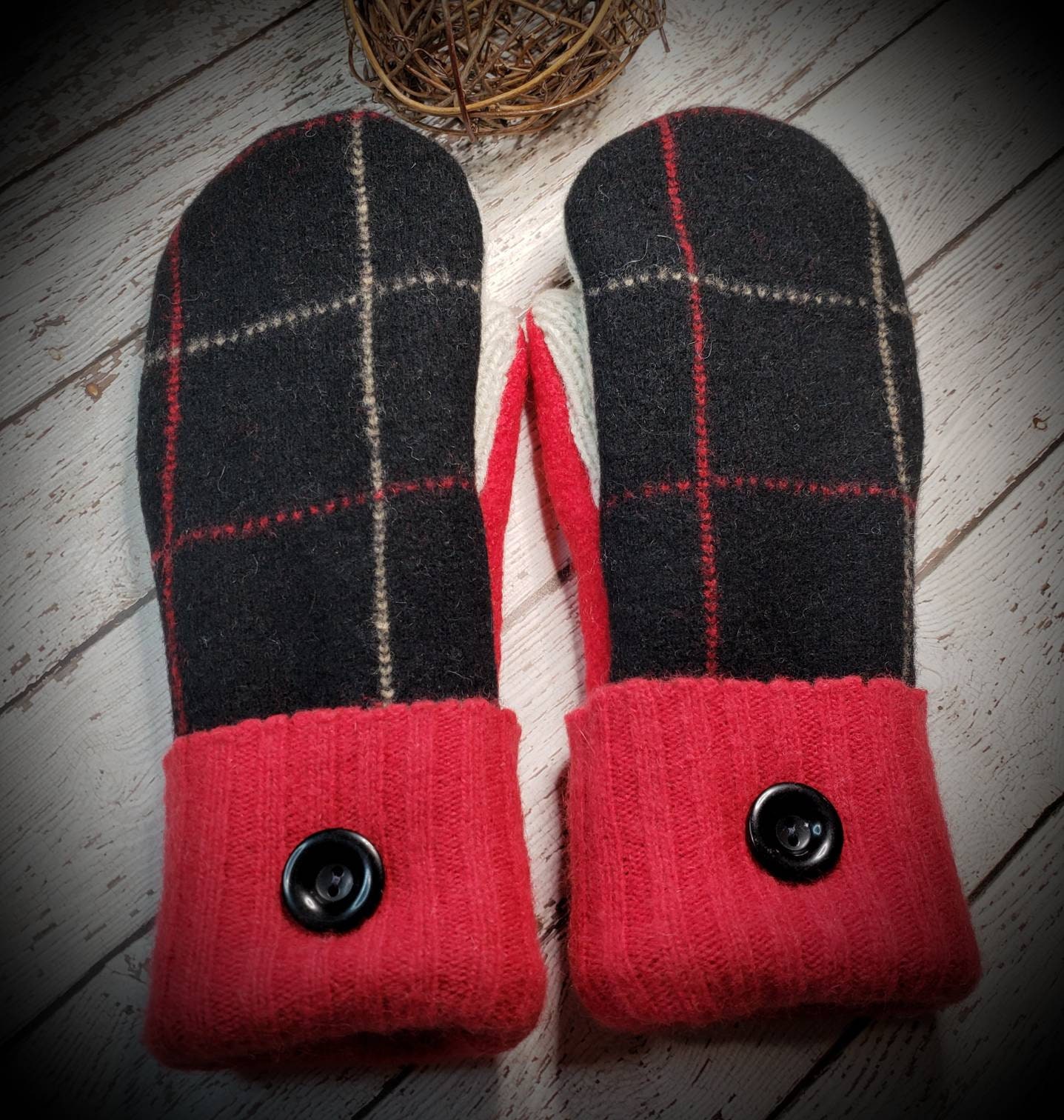 Accessories Gloves & Mittens Mittens & Muffs Recycled Felted Wool Sweater Mittens-Red Charcoal Stripe Wool Mittens Upcycled Wool Mittens Super Warm-Accessories-Stocking Stuffers 