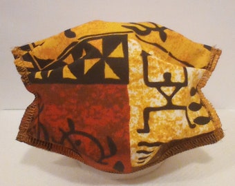 Polynesian Hawaiian Print Rust and Gold Cotton Face Mask Covering Hand Made 3 Layers with Filter Pocket and Nose Piece