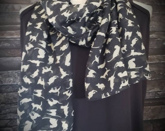Cat long Fashion Scarf-Beige Kitty Cat Print on Black Scarf Silky long Scarf -Black Cat Scarf-Ready to Ship-Spring Scarf-Accessories