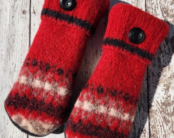 Manoplas de lana reciclada Manoplas de lana hechas a mano Forro polar hecho a partir de suéteres reciclados Lana Fairisle - Accesorios rojos y negros Regalo
