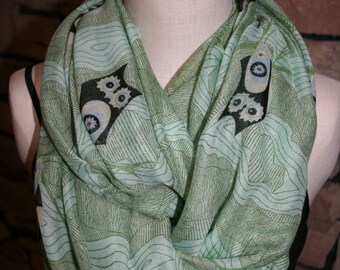 Owl Infinity Scarf- Green Owl Scarf -Chunky Woodland Owl Infinity Scarf Loop Scarf-Owl-Accessories-Summer Scarf-Origami