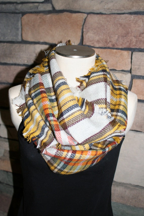 Plaid Tartan Infinity Blanket Scarf Brown and Gold Plaid Scarf Valentines  Gift Scarves Zara Style Plaid Fall Colors Infinity Scarf