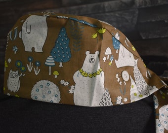 Brown Bear in Woods Print Surgical Cap Scrub Cap-Accessories Nurse Ear Saver Chemo Cap Ready to Ship Free Shipping Healthcare Hero Cap