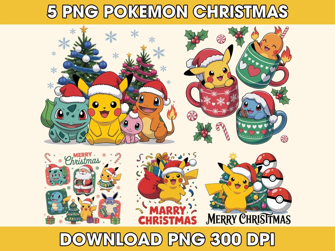 Pokemon Christmas PNG Bundle 5 Designs – Pikachu Charmander Squirtle ...