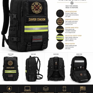 May include: A black tactical backpack featuring a Fire Rescue patch, a personalized ZAVIER CHASON name patch, and a horizontal reflective safety strip. The bag includes a Thin Red Line American flag patch, MOLLE webbing, adjustable straps, and multiple internal organizer compartments for gear storage.