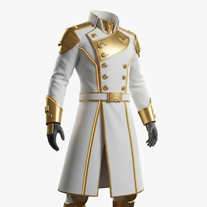 May include: A white military-style coat with gold detailing, including shoulder pads, buttons, and trim. The coat has a belt with a gold buckle and is worn with black gloves. The design is formal and detailed.