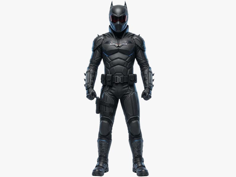 Puede incluir: Un traje blindado negro con un s&iacute;mbolo de murci&eacute;lago en el pecho. Incluye un casco con lentes rojas, un cintur&oacute;n de herramientas y guanteletes con p&uacute;as. La figura est&aacute; de pie sobre un fondo blanco.