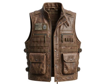 Men's Rugged Distressed Leather Tactical Vest - SpecOps Military Style