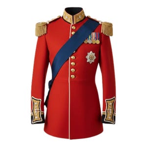 May include: A red military jacket with gold trim, epaulettes, and buttons. A blue sash crosses the chest, adorned with medals and a star-shaped emblem. The jacket features ornate cuffs and a high collar.