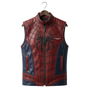 May include: A sleeveless vest in red and navy blue leather featuring a black spider emblem on the chest. The red panels have a black web pattern. A patch on the upper left chest reads SPIDER-MAN NYC HEROIC GEAR EST 1962. It has a full front zipper.