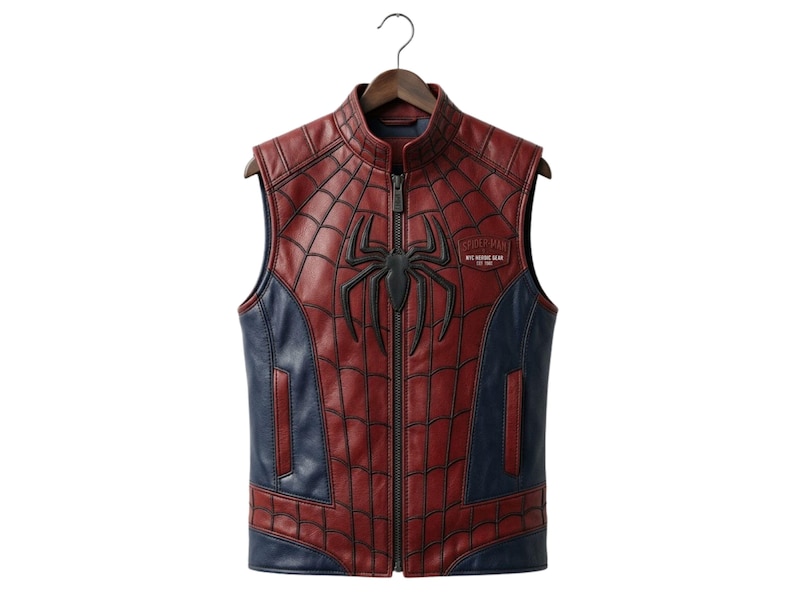 May include: A sleeveless vest in red and navy blue leather featuring a black spider emblem on the chest. The red panels have a black web pattern. A patch on the upper left chest reads SPIDER-MAN NYC HEROIC GEAR EST 1962. It has a full front zipper.