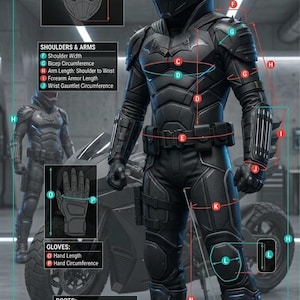 Puede incluir: Sistema de armadura t&aacute;ctica Urban Knight negro v2.1, un traje de cuerpo completo con casco, guantes y botas. La imagen incluye una tabla de medidas con tallas y dimensiones en cm. El traje tiene un s&iacute;mbolo de murci&eacute;lago.
