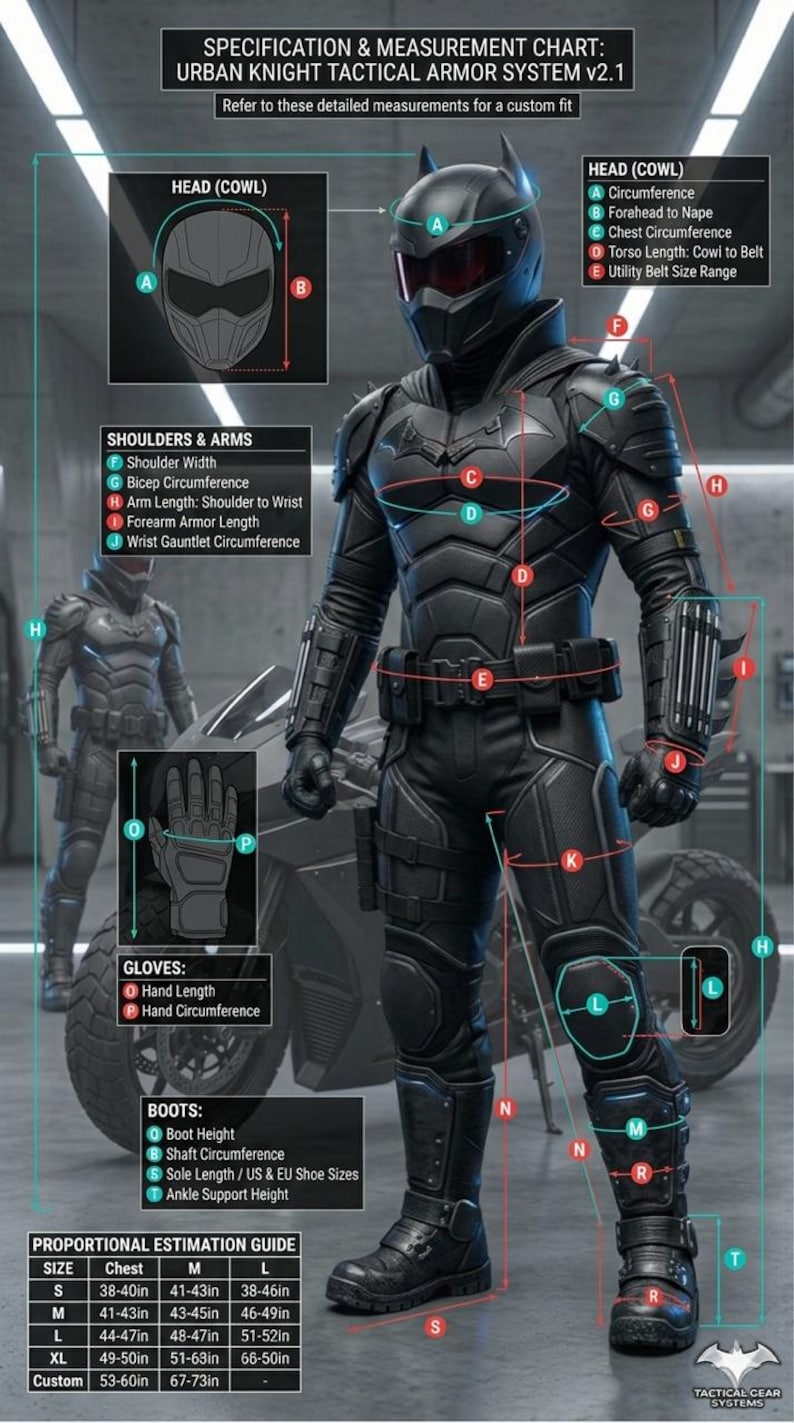 Puede incluir: Sistema de armadura t&aacute;ctica Urban Knight negro v2.1, un traje de cuerpo completo con casco, guantes y botas. La imagen incluye una tabla de medidas con tallas y dimensiones en cm. El traje tiene un s&iacute;mbolo de murci&eacute;lago.
