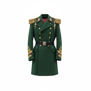 Może przedstawiać: Ciemnozielony płaszcz w stylu wojskowym ze złotymi zdobieniami na ramionach i rękawach. Dwurzędowy płaszcz posiada złote guziki, czarny pasek z ozdobną klamrą i czerwoną podszewkę. Formalna odzież.