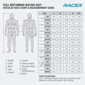 Puede incluir: Tabla de tallas detallada y gu&iacute;a de medidas para un traje de carreras de moto completo. Incluye medidas en cent&iacute;metros y pulgadas para altura, pecho, cintura, caderas, entrepierna, largo de manga, ancho de hombros, etc.