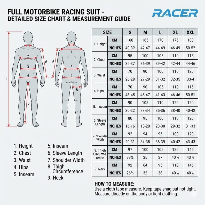 Puede incluir: Tabla de tallas detallada y gu&iacute;a de medidas para un traje de carreras de moto completo. Incluye medidas en cent&iacute;metros y pulgadas para altura, pecho, cintura, caderas, entrepierna, largo de manga, ancho de hombros, etc.